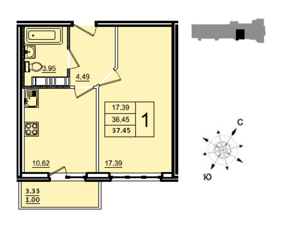 Двухкомнатная квартира 59 м²