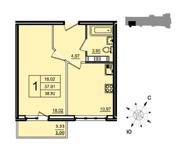 Двухкомнатная квартира 59 м²