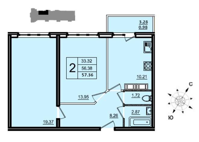 Двухкомнатная квартира 59 м²