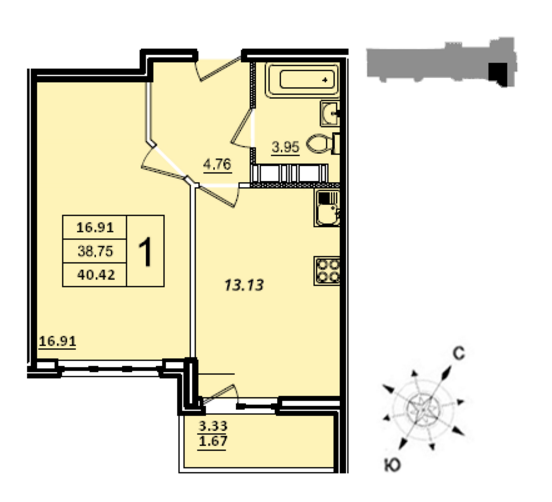 Двухкомнатная квартира 60 м²