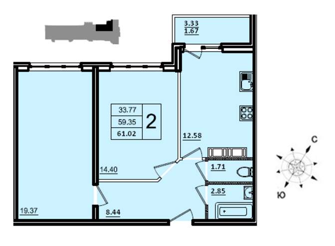 Двухкомнатная квартира 59 м²